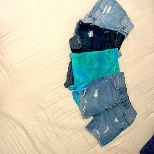 4 pack of Jean shorts, 2 light wash, 1 dark, and 1 tie dye